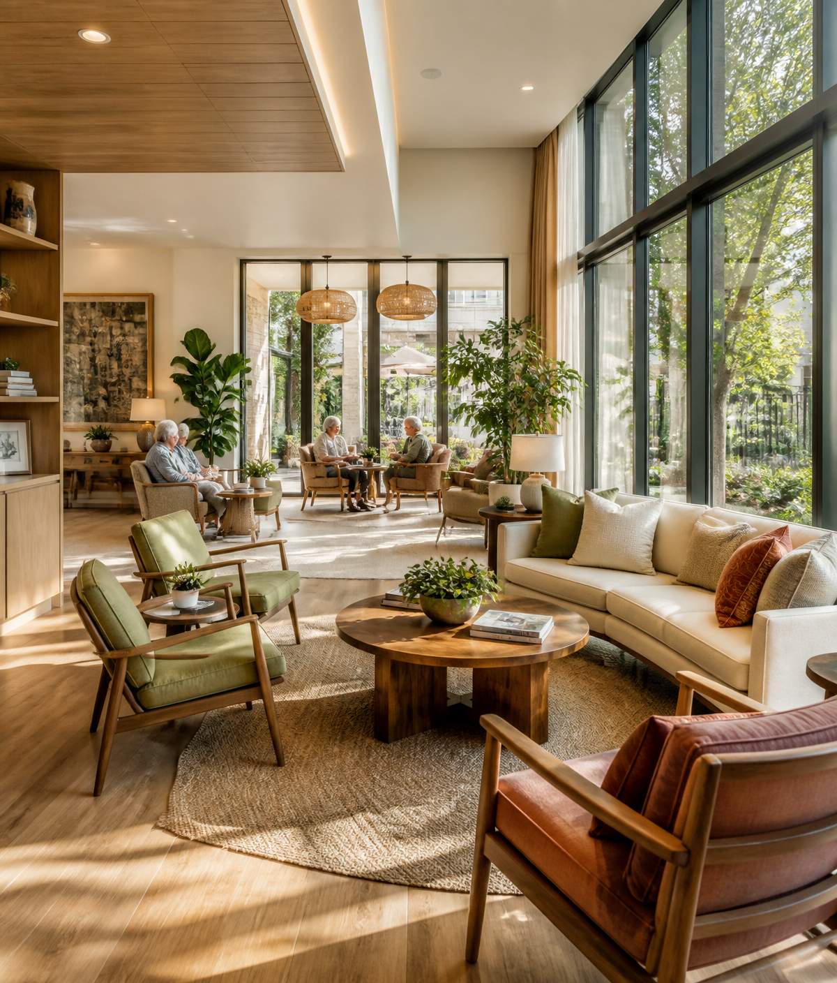 Sun-drenched senior living lounge with mid-century modern furniture and floor-to-ceiling windows